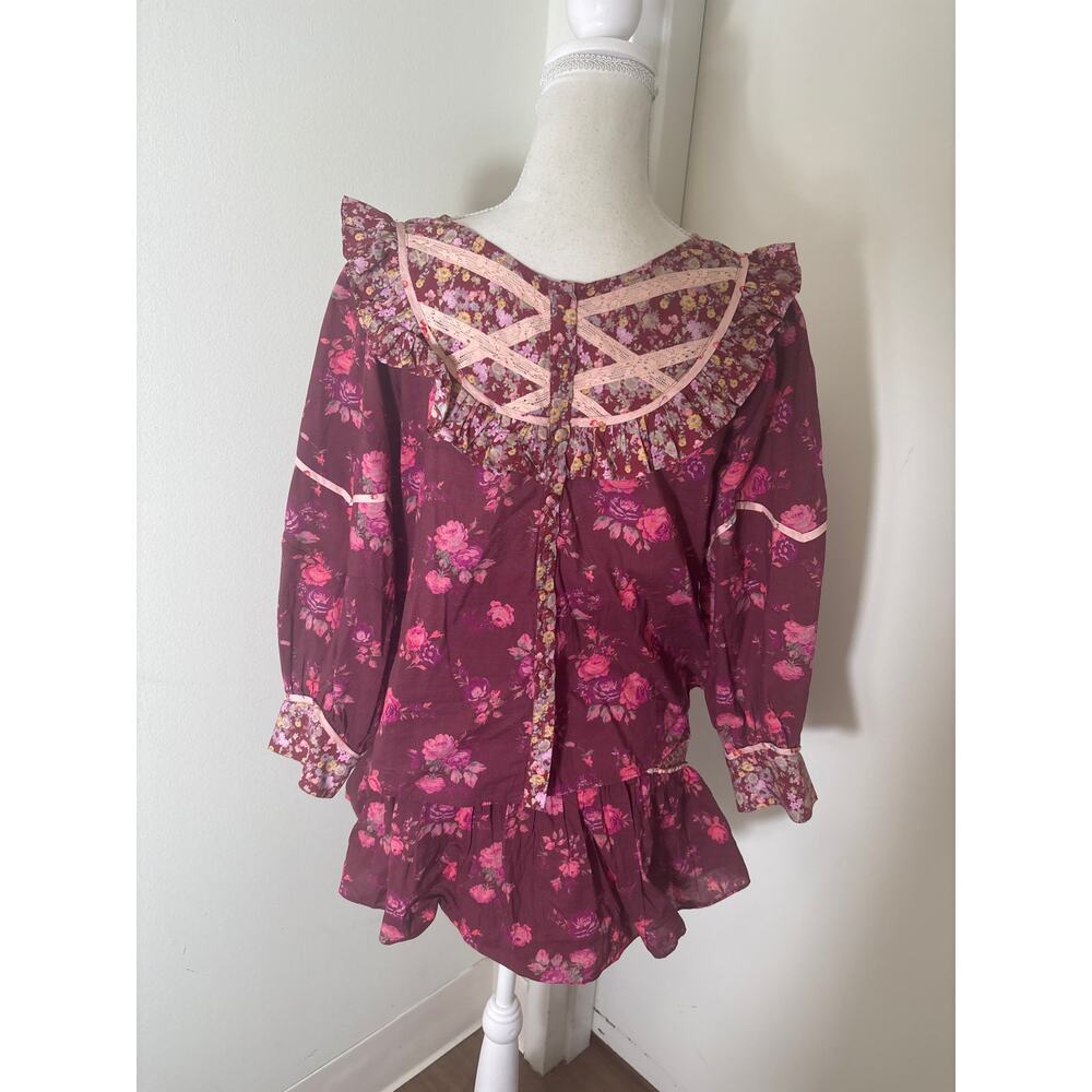 Loveshack Fancy Maroon Floral Cotton Skirt and Top Set Sz S